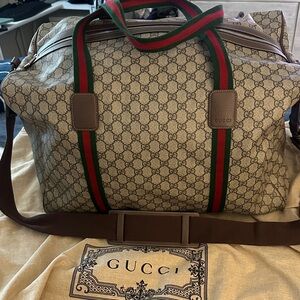 Gucci Beige and Brown Duffel Bag with Green and Red Stripes